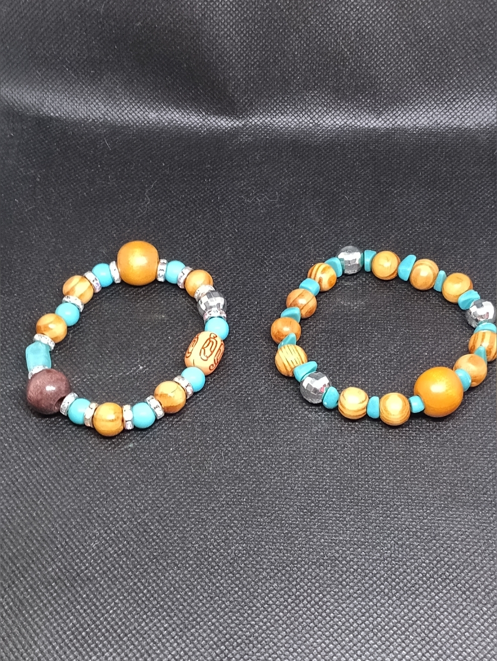 Handmade Turquoise & Honey Wooden Bead Stretch Bracelets - Set of 2